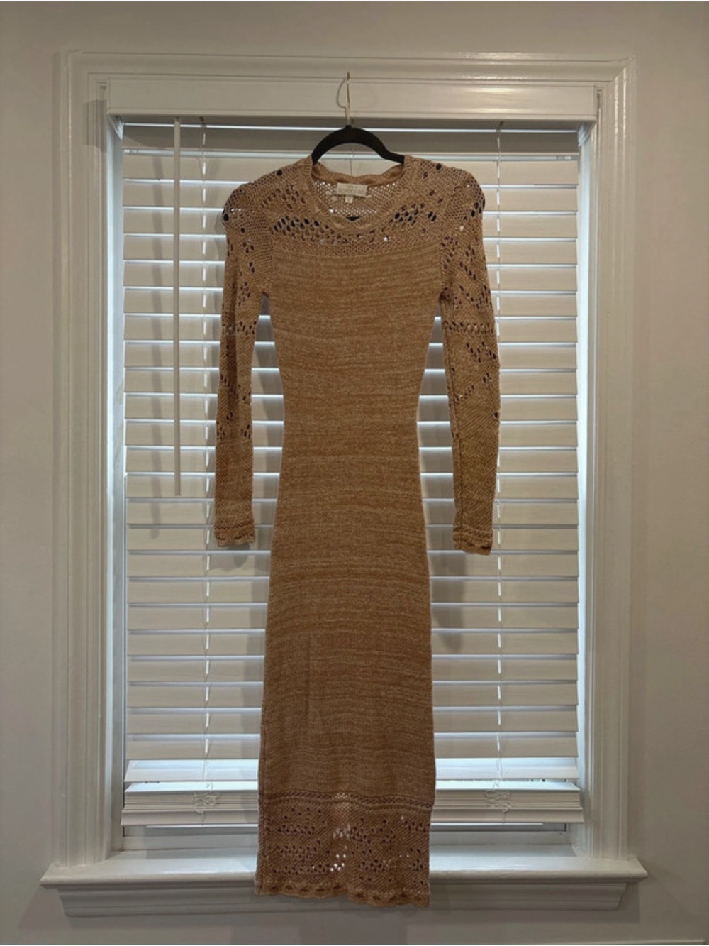 Ronny Kobo Beige Knit Long Sleeve Midi Dress - Classic Crochet Detail
